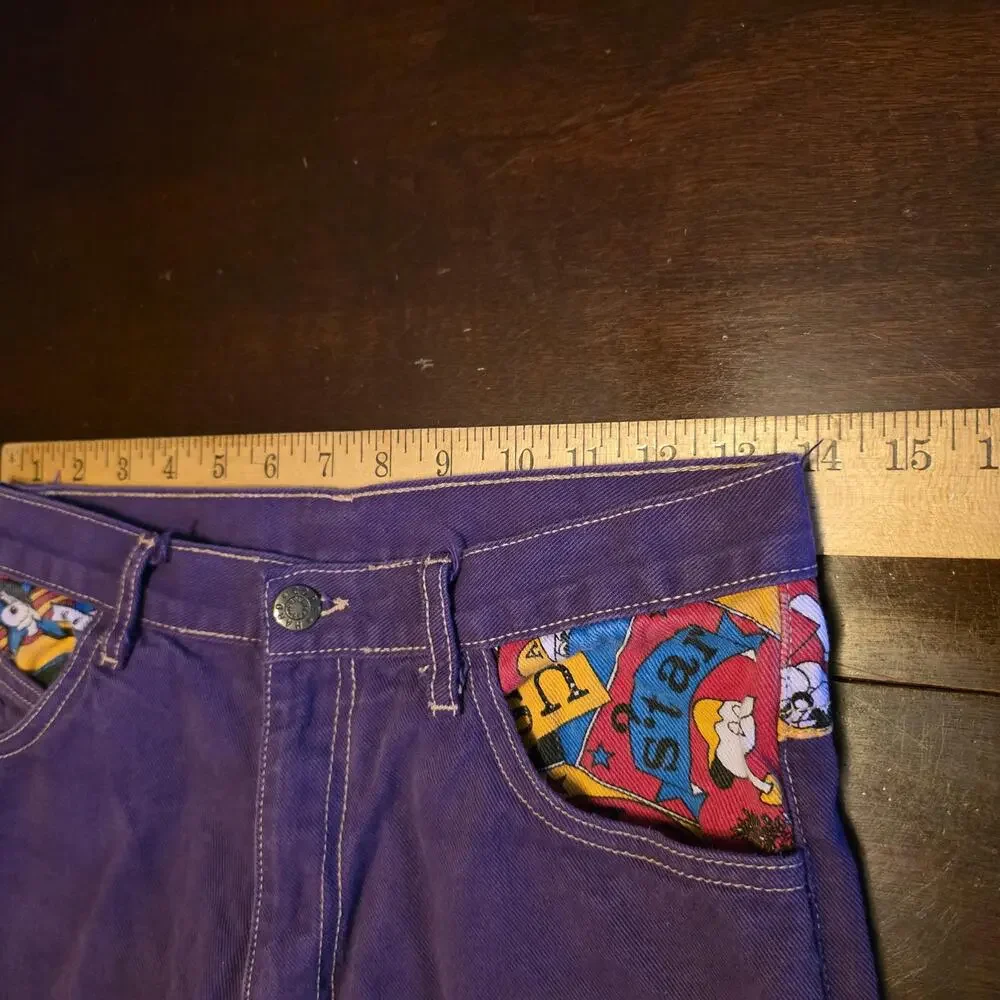Vintage 90s Hard Core Purple Denim Jeans Cartoon Graphic Pockets 27x28 Y2K Retro